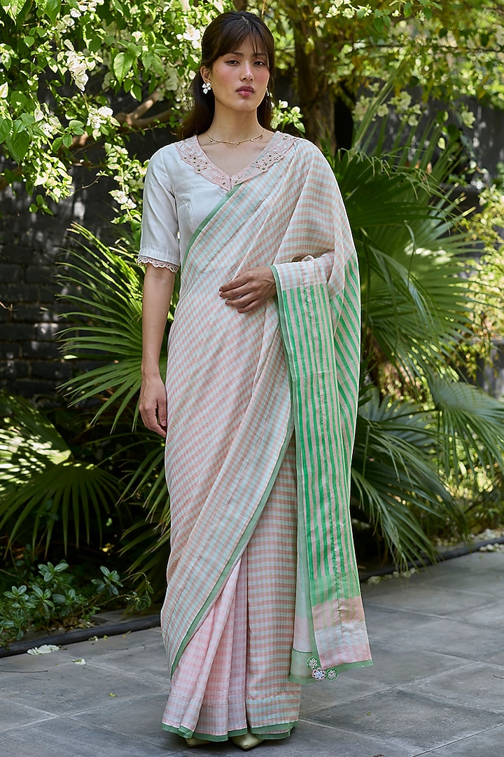 Salmon Pink Handwoven Mulberry Silk Checkered Party Wear Saree by Surmaye at Pernia's Pop Up Shop
