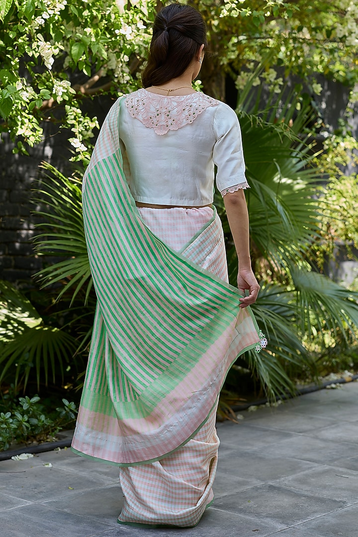 Salmon Pink Handwoven Mulberry Silk Checkered Party Wear Saree by Surmaye at Pernia's Pop Up Shop