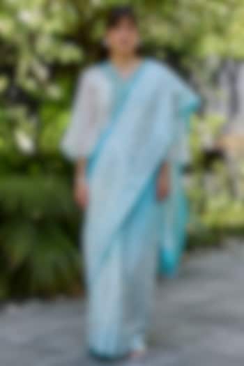 Ocean Blue & Ivory Handwoven Mulberry Silk Ombre Printed Party Wear Saree by Surmaye at Pernia's Pop Up Shop