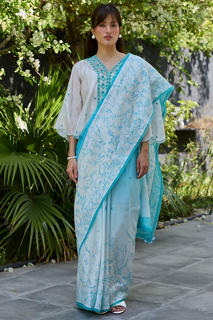 Ocean Blue & Ivory Handwoven Mulberry Silk Ombre Printed Party Wear Saree by Surmaye at Pernia's Pop Up Shop