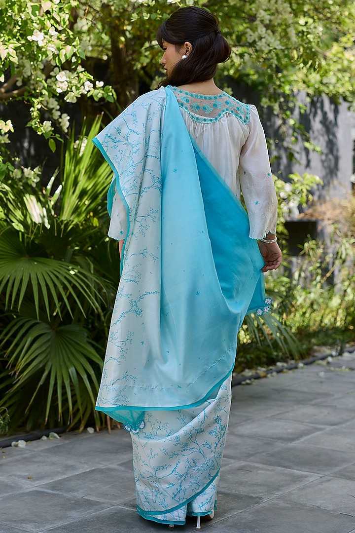 Ocean Blue & Ivory Handwoven Mulberry Silk Ombre Printed Party Wear Saree by Surmaye at Pernia's Pop Up Shop