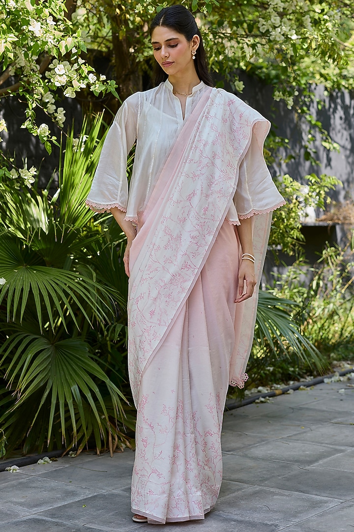 Soft Pink & Ivory Handwoven Mulberry Silk Ombre Printed Party Wear Saree by Surmaye at Pernia's Pop Up Shop