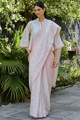 Soft Pink & Ivory Handwoven Mulberry Silk Ombre Printed Saree by Surmaye