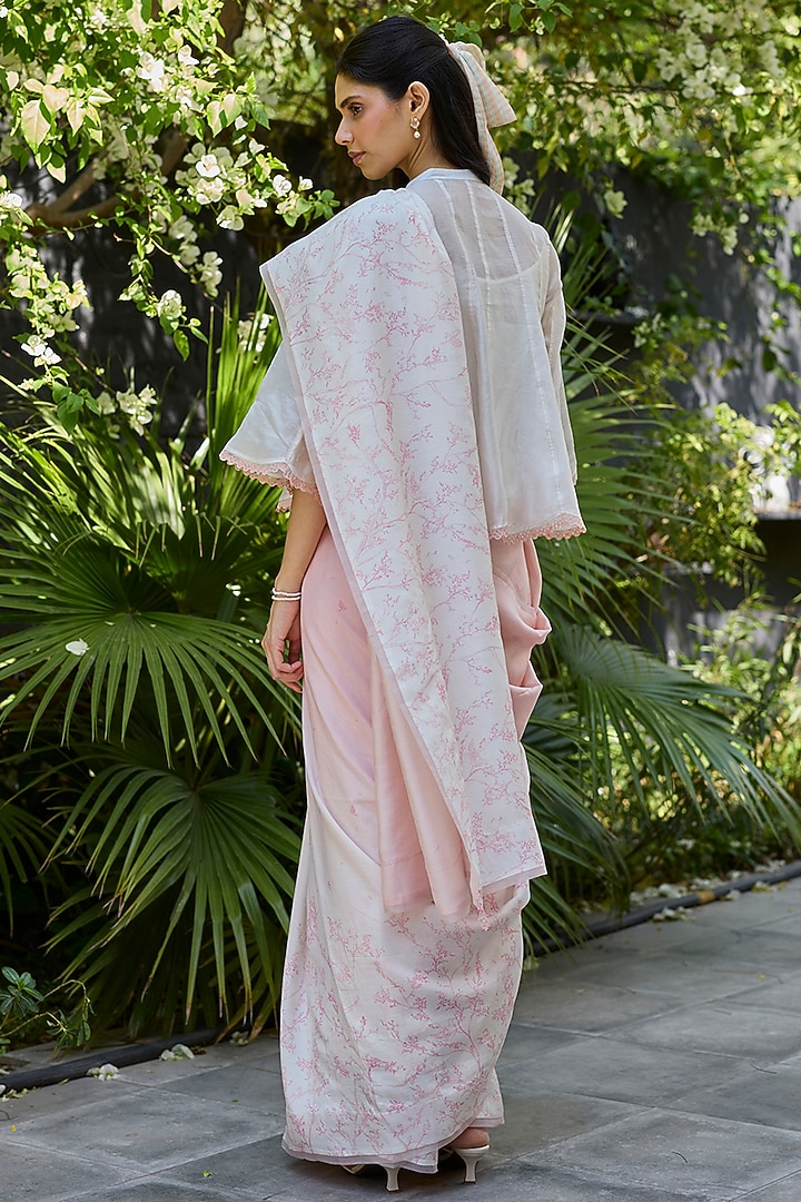 Soft Pink & Ivory Handwoven Mulberry Silk Ombre Printed Party Wear Saree by Surmaye at Pernia's Pop Up Shop