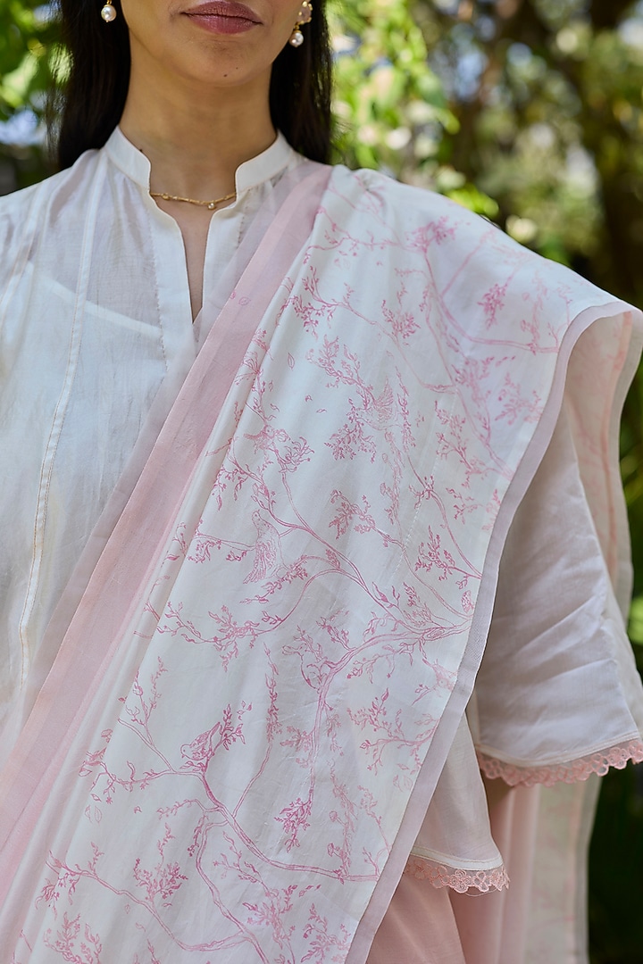 Soft Pink & Ivory Handwoven Mulberry Silk Ombre Printed Party Wear Saree by Surmaye at Pernia's Pop Up Shop