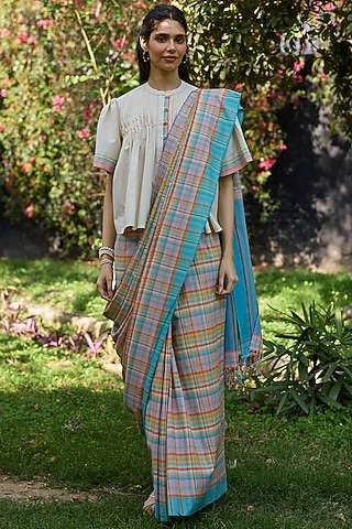 Multi-Colored Handwoven Cotton Checkered Saree by Surmaye