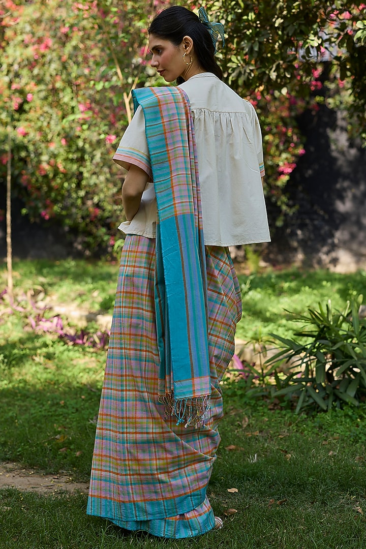 Multi-Colored Handwoven Cotton Checkered Festive Saree by Surmaye at Pernia's Pop Up Shop