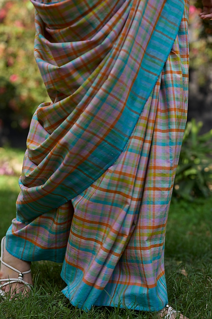 Multi-Colored Handwoven Cotton Checkered Festive Saree by Surmaye at Pernia's Pop Up Shop