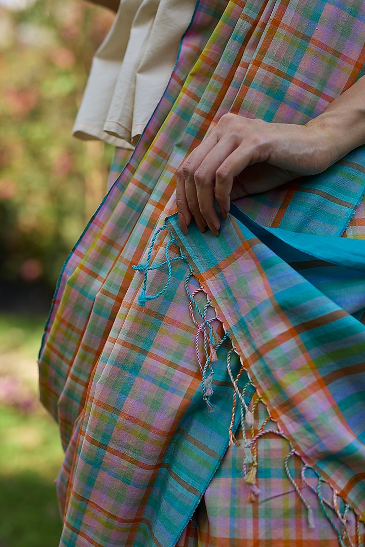 Multi-Colored Handwoven Cotton Checkered Festive Saree by Surmaye at Pernia's Pop Up Shop