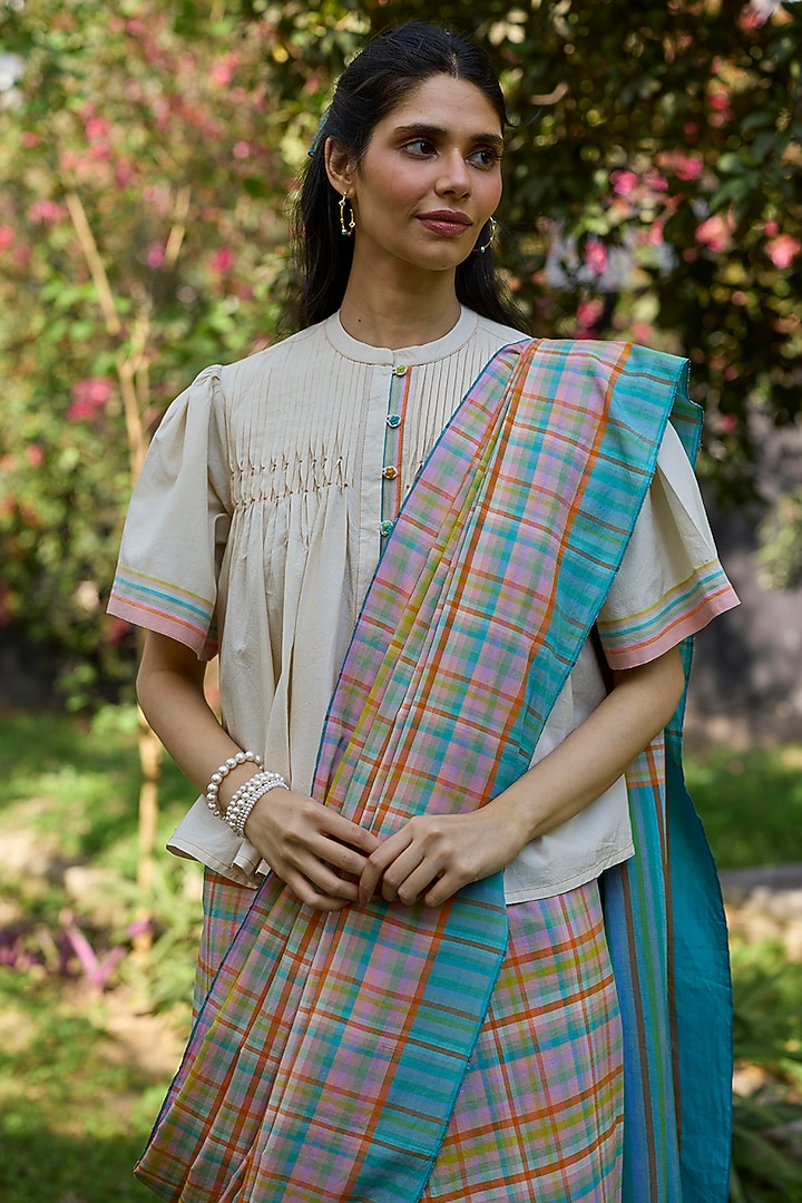 Multi-Colored Handwoven Cotton Checkered Festive Saree by Surmaye at Pernia's Pop Up Shop