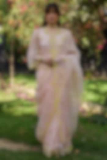 Salmon Pink & Lime Handwoven Organza Silk Hand Embroidered Party Wear Saree by Surmaye at Pernia's Pop Up Shop