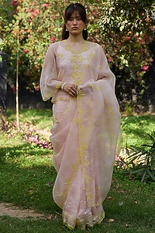 Salmon Pink & Lime Handwoven Organza Silk Hand Embroidered Saree by Surmaye