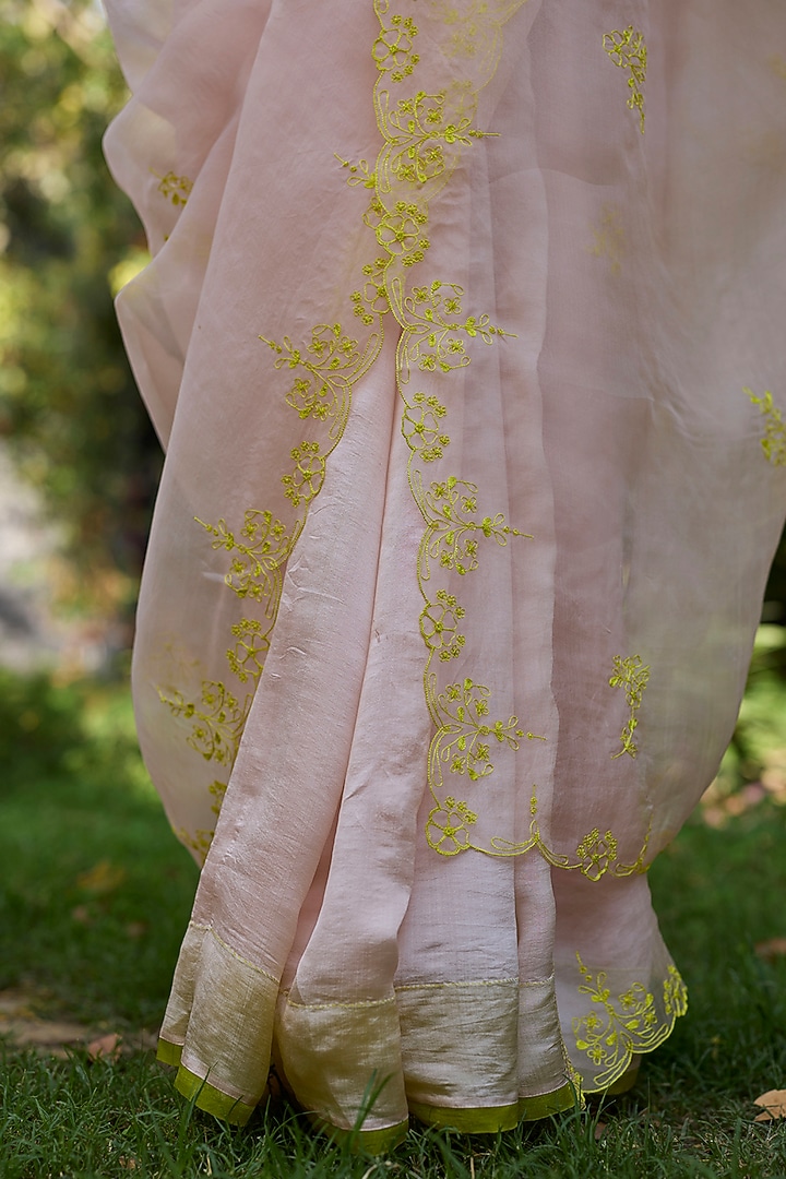 Salmon Pink & Lime Handwoven Organza Silk Hand Embroidered Party Wear Saree by Surmaye at Pernia's Pop Up Shop