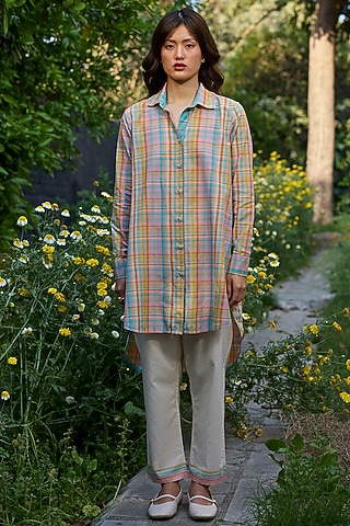 Multicolored Hand Woven Cotton Checkered Kurta Set by Surmaye