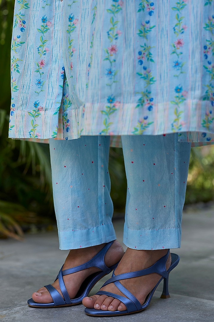 Blue Chanderi Striped Long Kurta Set by Surmaye at Pernia's Pop Up Shop