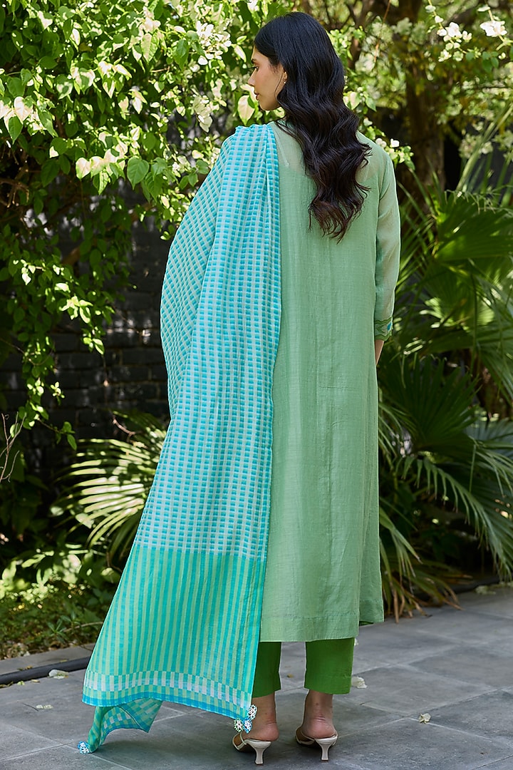Jade Green Chanderi Applique Embroidered Kurta Set by Surmaye at Pernia's Pop Up Shop