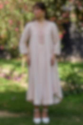 Salmon Pink Chanderi Pinstriped Maxi Dress by Surmaye at Pernia's Pop Up Shop