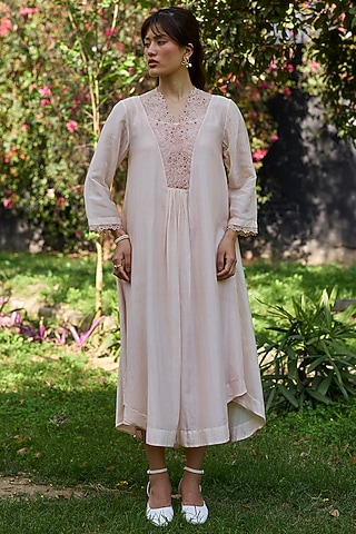 Salmon Pink Chanderi Pinstriped Maxi Dress by Surmaye