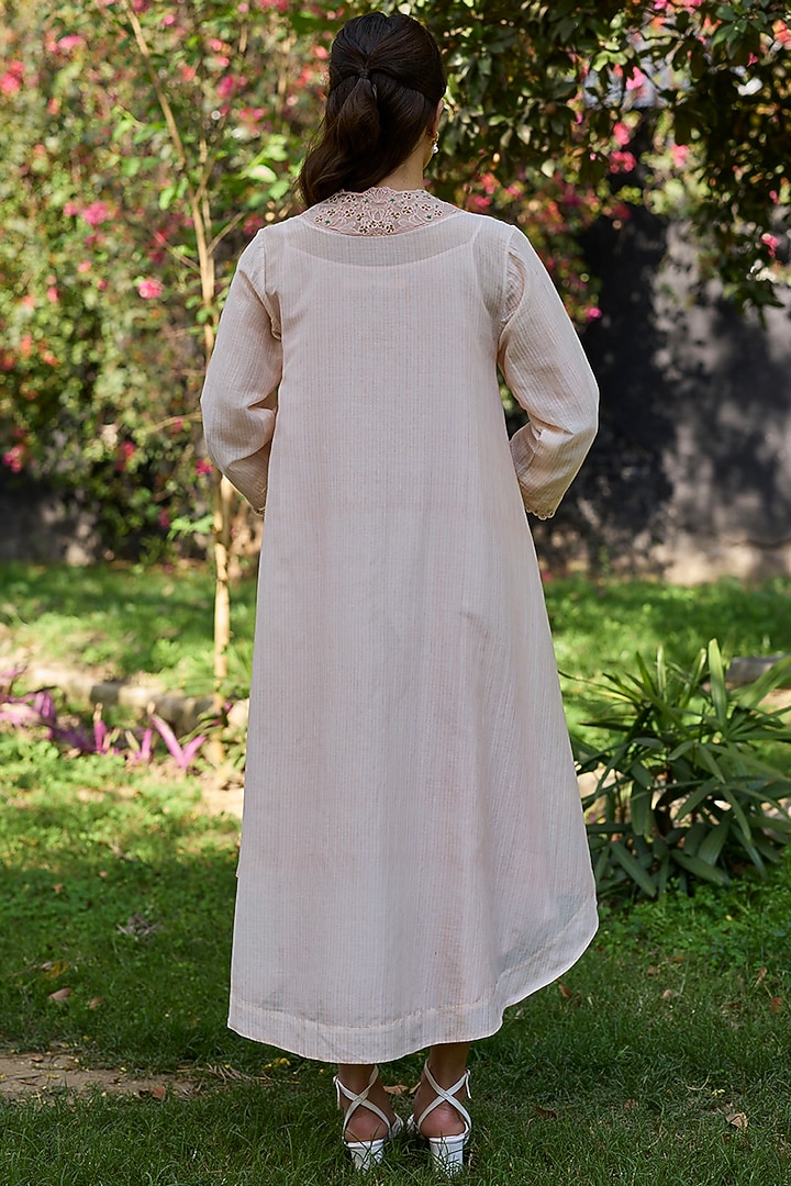 Salmon Pink Chanderi Pinstriped Maxi Dress by Surmaye at Pernia's Pop Up Shop