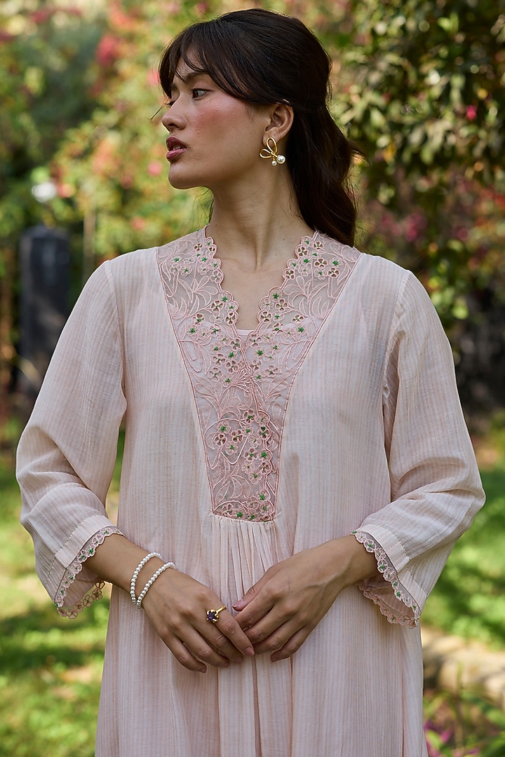 Salmon Pink Chanderi Pinstriped Maxi Dress by Surmaye at Pernia's Pop Up Shop