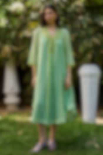 Green Chanderi Beadwork & Printed Vacation Dress by Surmaye at Pernia's Pop Up Shop