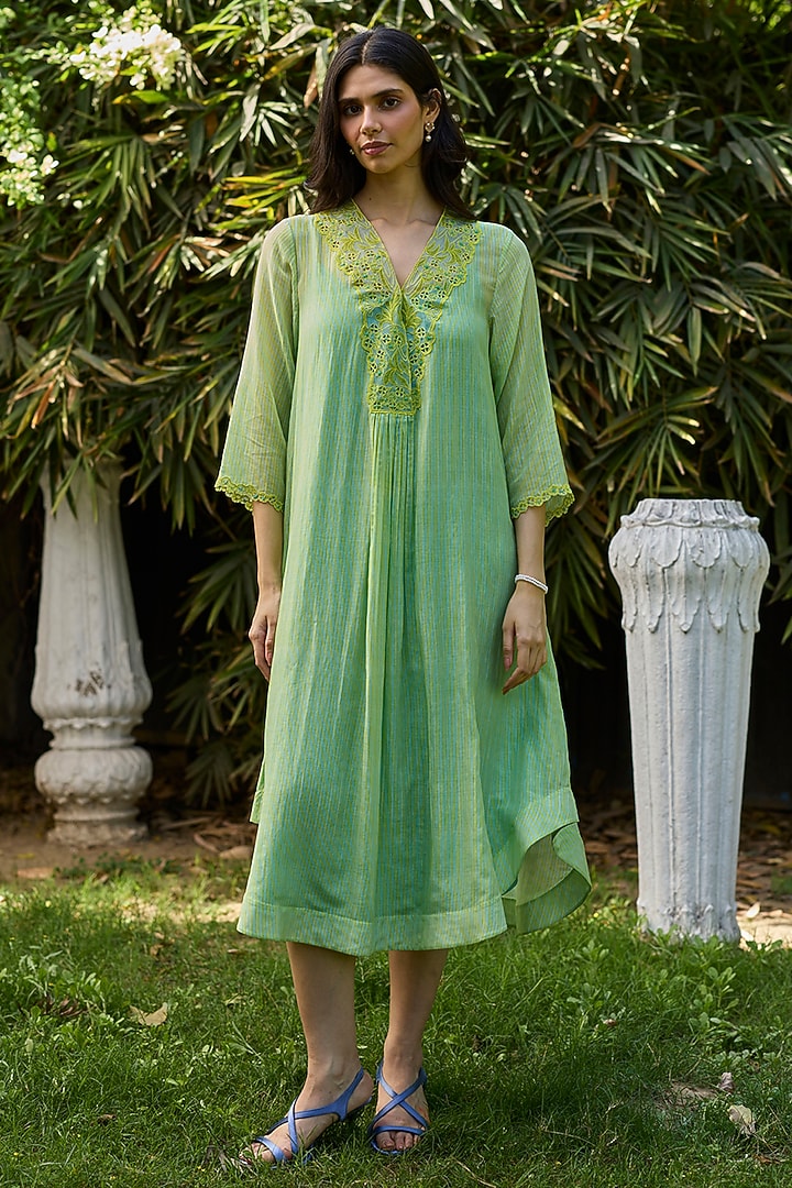 Green Chanderi Beadwork & Printed Vacation Dress by Surmaye at Pernia's Pop Up Shop