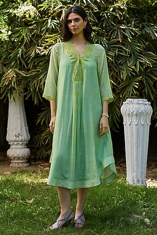 Green Chanderi Beadwork & Printed Dress by Surmaye