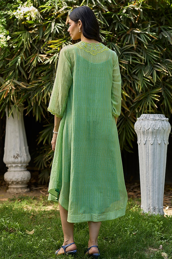 Green Chanderi Beadwork & Printed Vacation Dress by Surmaye at Pernia's Pop Up Shop