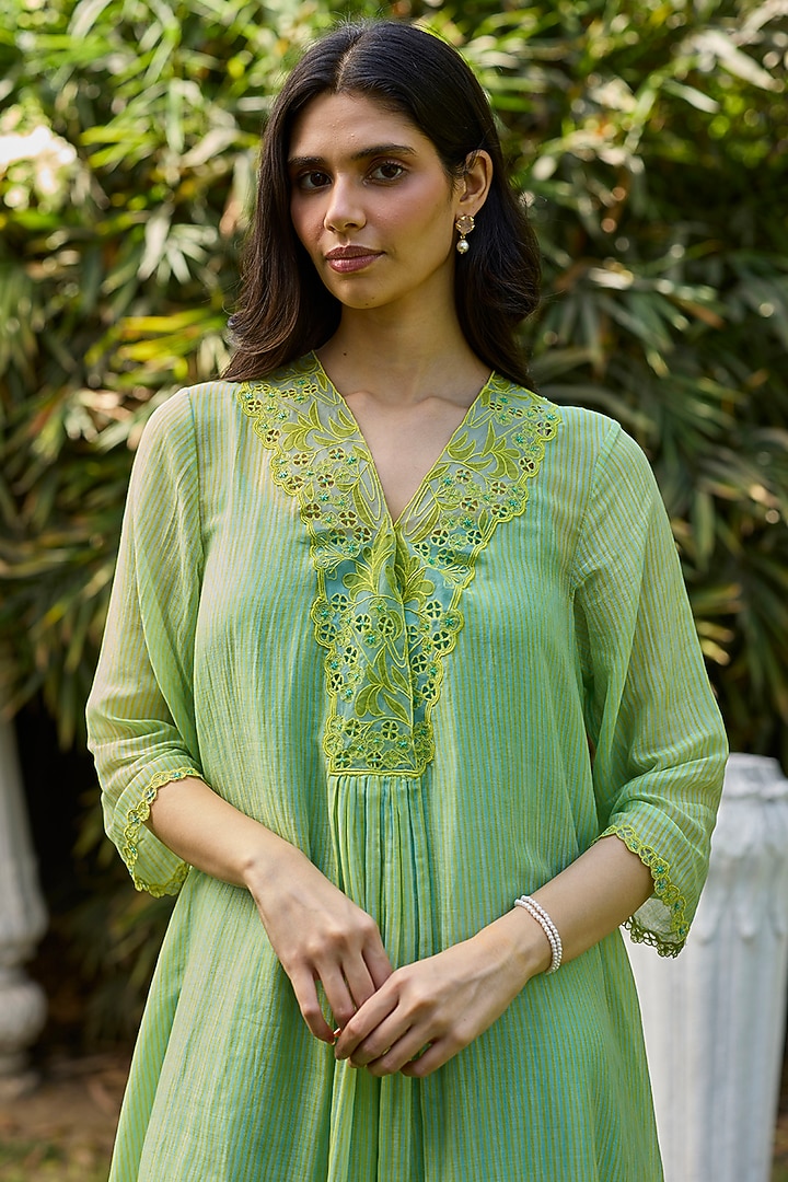 Green Chanderi Beadwork & Printed Vacation Dress by Surmaye at Pernia's Pop Up Shop