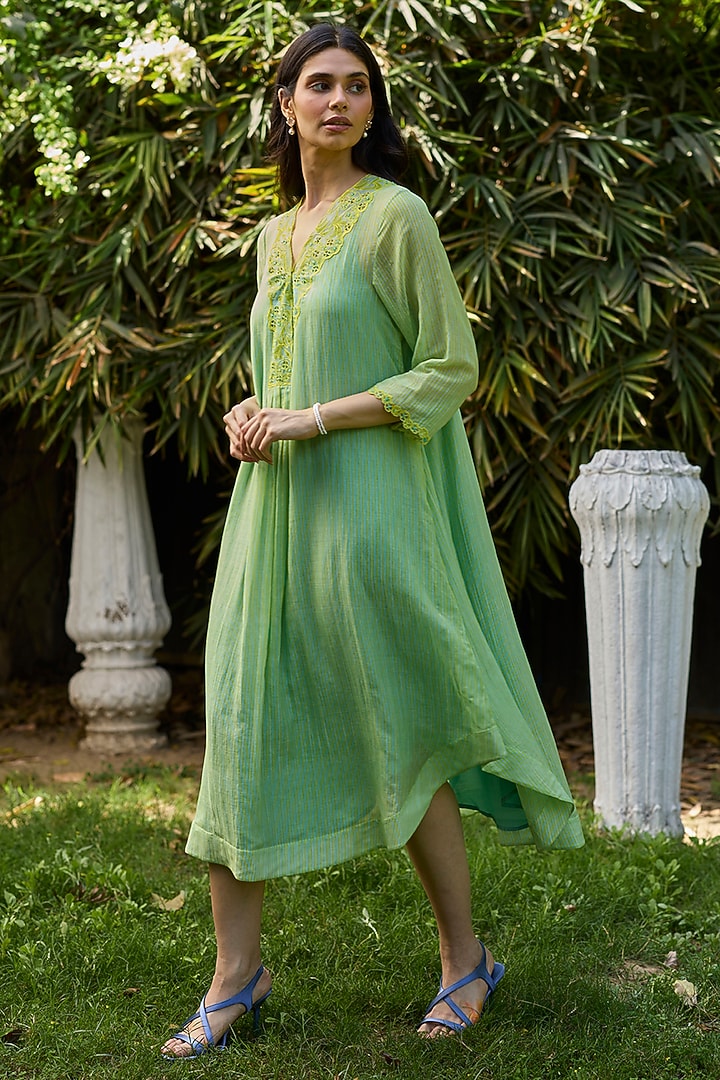 Green Chanderi Beadwork & Printed Vacation Dress by Surmaye at Pernia's Pop Up Shop