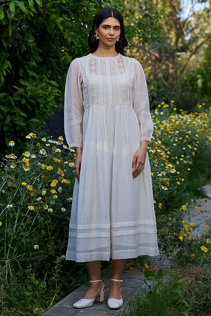 Ivory Chanderi Lace Embroidered Vacation Dress by Surmaye at Pernia's Pop Up Shop
