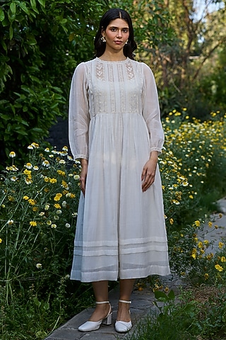 Ivory Chanderi Lace Embroidered Dress by Surmaye