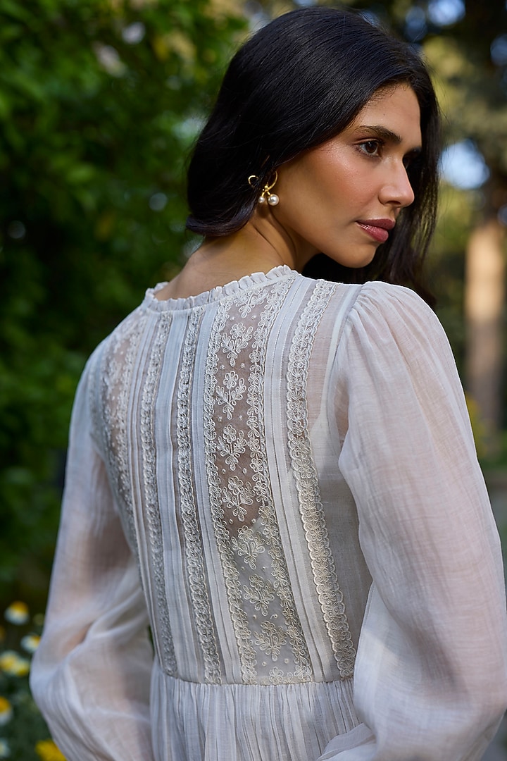 Ivory Chanderi Lace Embroidered Vacation Dress by Surmaye at Pernia's Pop Up Shop