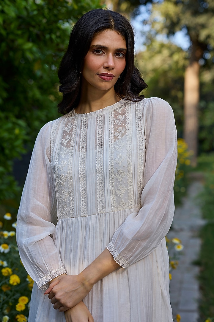 Ivory Chanderi Lace Embroidered Vacation Dress by Surmaye at Pernia's Pop Up Shop