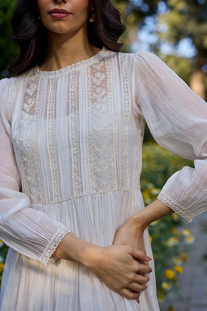 Ivory Chanderi Lace Embroidered Vacation Dress by Surmaye at Pernia's Pop Up Shop