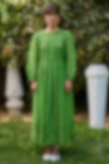 Leaf Green Chanderi Lace Embroidered Vacation Dress by Surmaye at Pernia's Pop Up Shop