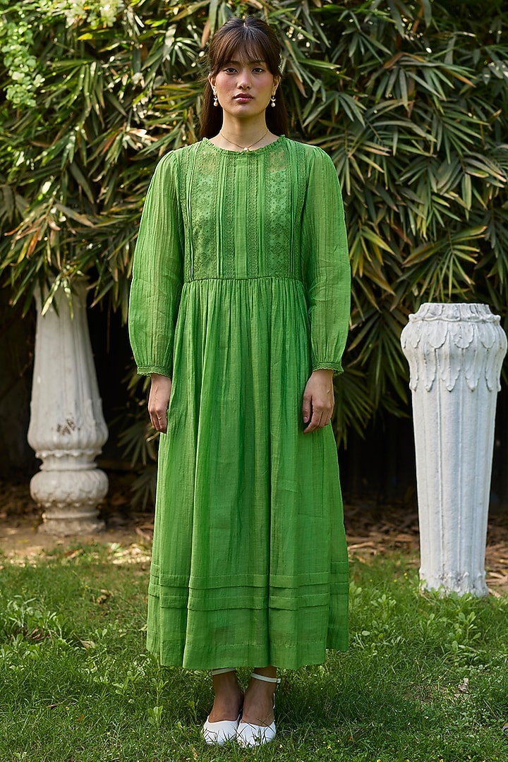 Leaf Green Chanderi Lace Embroidered Vacation Dress by Surmaye at Pernia's Pop Up Shop