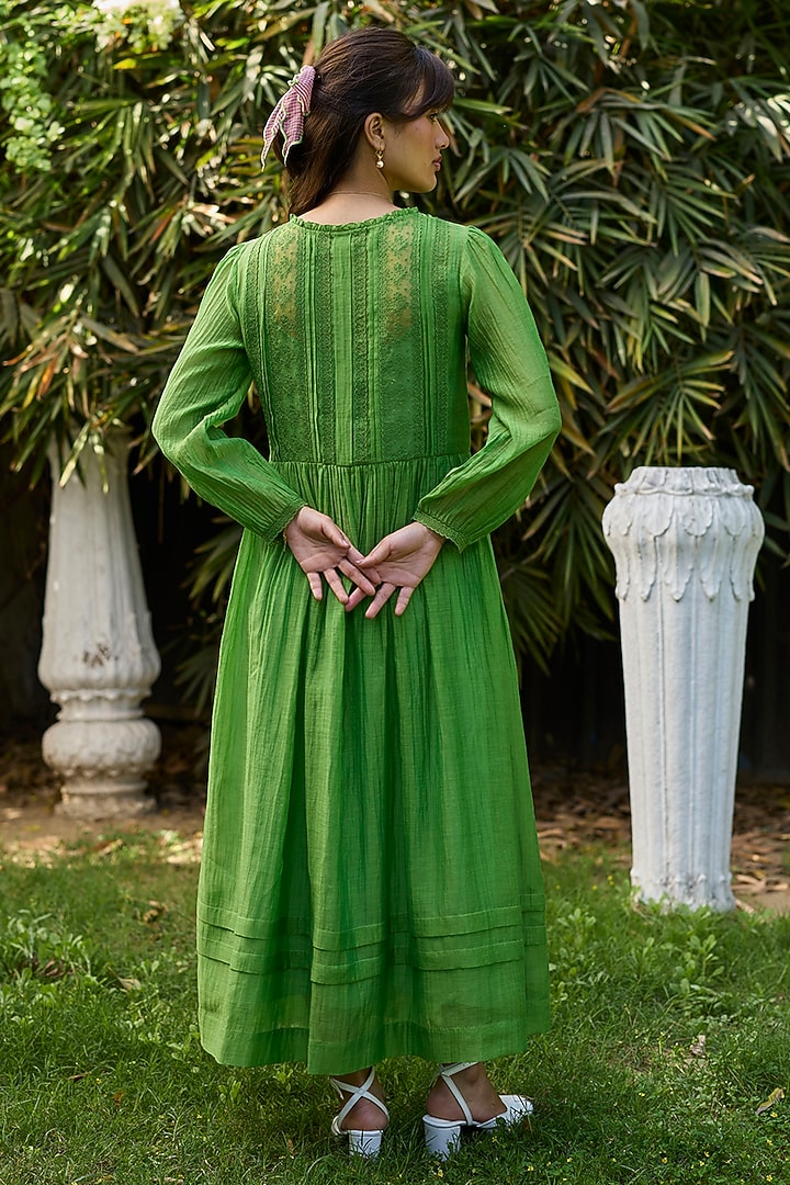 Leaf Green Chanderi Lace Embroidered Vacation Dress by Surmaye at Pernia's Pop Up Shop