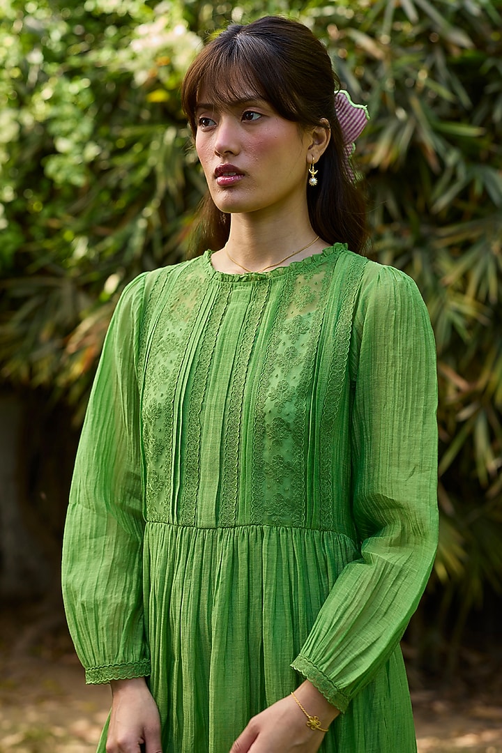 Leaf Green Chanderi Lace Embroidered Vacation Dress by Surmaye at Pernia's Pop Up Shop