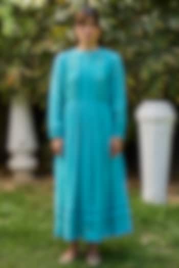 Blue Chanderi Lace Embroidered Vacation Dress by Surmaye at Pernia's Pop Up Shop