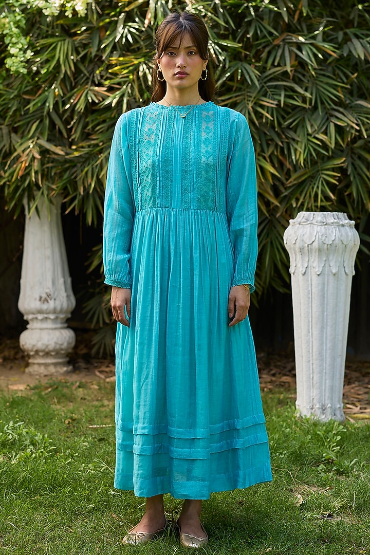 Blue Chanderi Lace Embroidered Vacation Dress by Surmaye at Pernia's Pop Up Shop