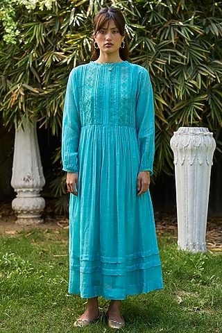 Blue Chanderi Lace Embroidered Dress by Surmaye