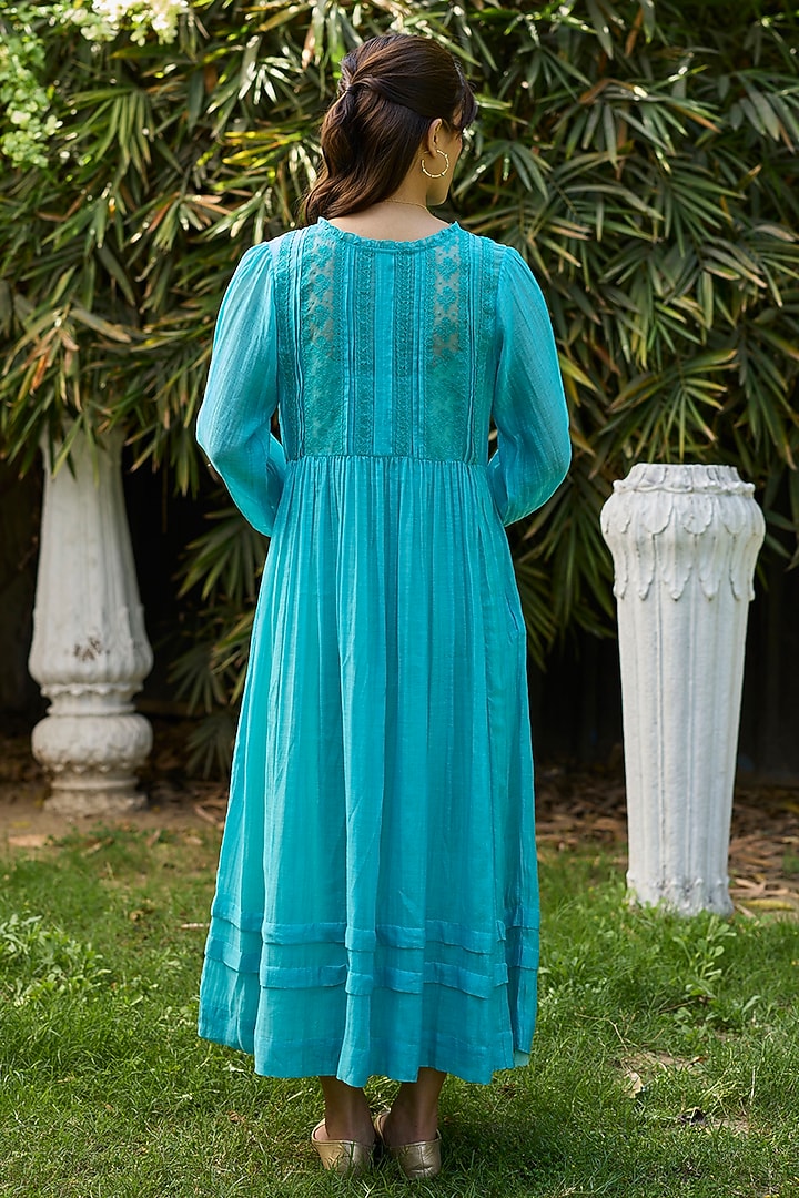 Blue Chanderi Lace Embroidered Vacation Dress by Surmaye at Pernia's Pop Up Shop