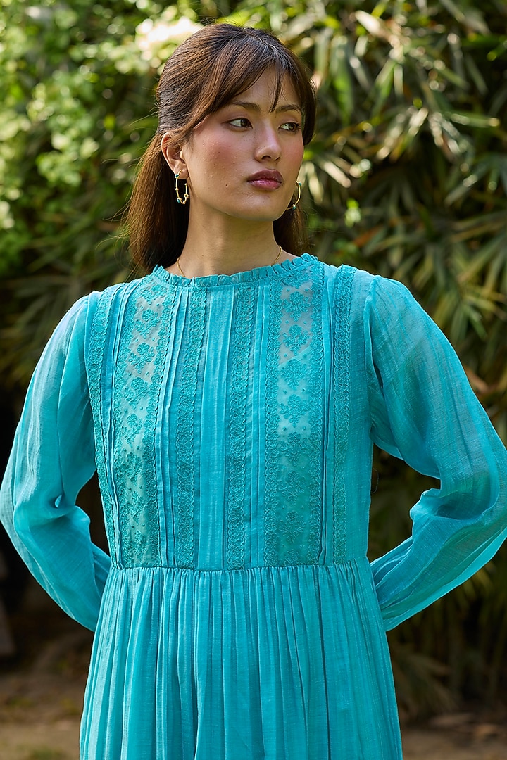 Blue Chanderi Lace Embroidered Vacation Dress by Surmaye at Pernia's Pop Up Shop