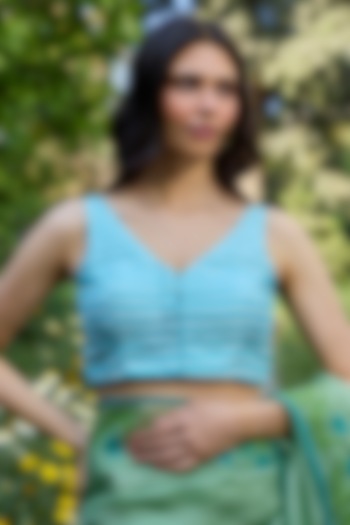 Ivory-Blue Handwoven Mulberry Silk Checkered Blouse by Surmaye at Pernia's Pop Up Shop