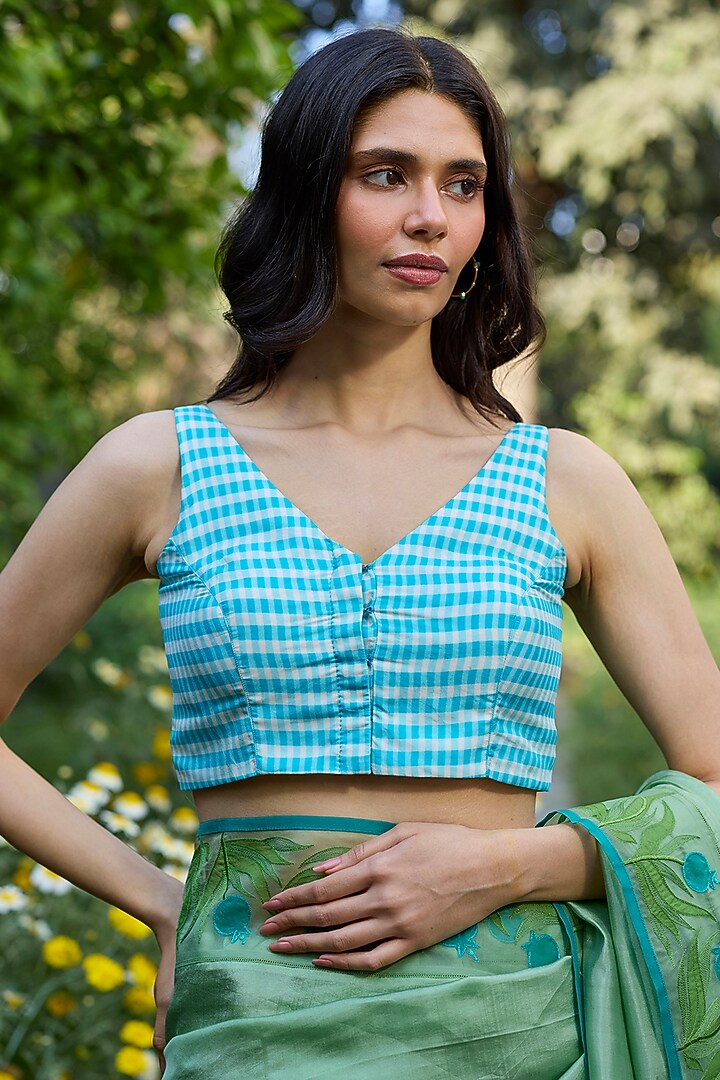 Ivory-Blue Handwoven Mulberry Silk Checkered Blouse by Surmaye at Pernia's Pop Up Shop