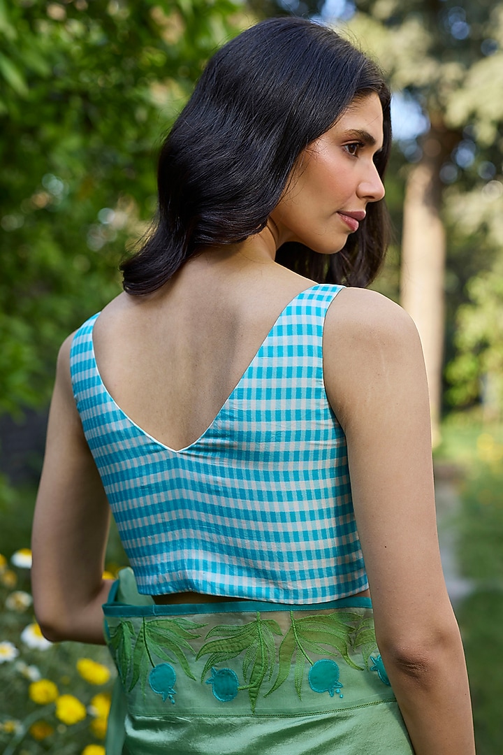 Ivory-Blue Handwoven Mulberry Silk Checkered Blouse by Surmaye at Pernia's Pop Up Shop