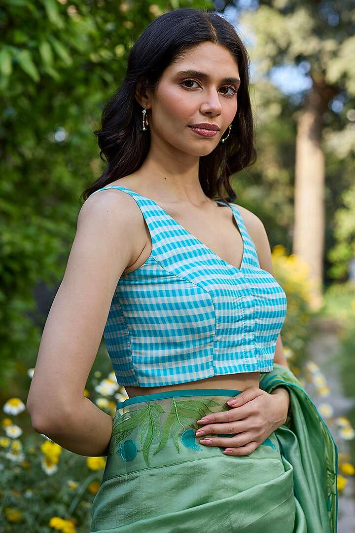 Ivory-Blue Handwoven Mulberry Silk Checkered Blouse by Surmaye at Pernia's Pop Up Shop