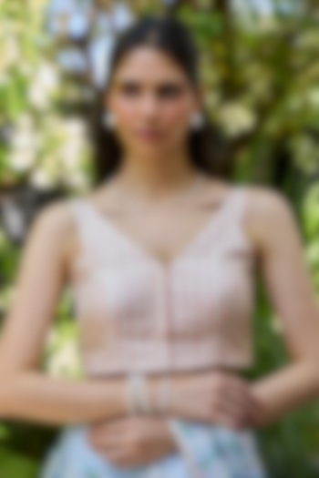 Ivory-Salmon Pink Handwoven Mulberry Silk Checkered Blouse by Surmaye at Pernia's Pop Up Shop