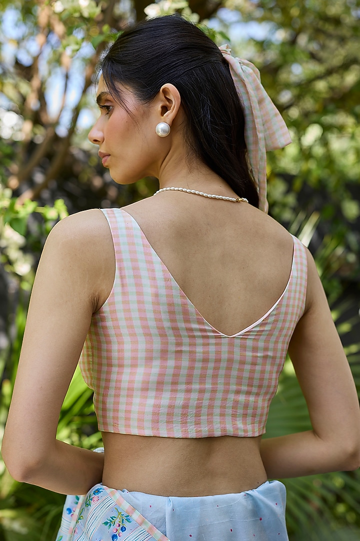 Ivory-Salmon Pink Handwoven Mulberry Silk Checkered Blouse by Surmaye at Pernia's Pop Up Shop